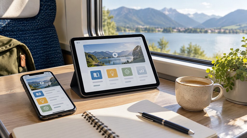 Smartphone und Tablet mit digitalen Lerninhalten auf einem Tisch im Zug mit Seeblick – Microlearning ermöglicht flexibles Lernen während der Reise.