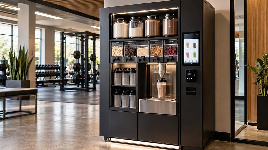 Moderner Protein-Shake-Automat in einem Fitnessstudio mit verschiedenen Proteinpulvern, Touchscreen und automatischer Shake-Zubereitung als Geschäftsidee für passives Einkommen.
